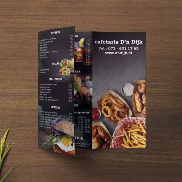 Nieuwe menukaart alert! 🎉 We hebben de menukaart van Cafetaria D'n Dijk professioneel en overzichtelijk gemaakt met de prijzen passend bij de huidige marktsituatie. 🍔🍟 Meer dan genoeg keuze en mooie beschrijvingen van elk gerecht. 🤤 Het was een mooie uitdaging, maar we zijn erin geslaagd om alle producten helder en overzichtelijk te plaatsen. 💪 Wij zijn blij dat we hebben kunnen bijdragen aan de groeiende behoeften van Cafetaria D'n Dijk en hun klanten! 😃
#cafetariadndijk #nieuwemenukaart #trots #heerlijketen #betaalbaar #smakelijk #keuzeovervloed #ondernemerschap #horeca #snacks #fastfood #eten #menu #ontwerp #professioneel #overzichtelijk